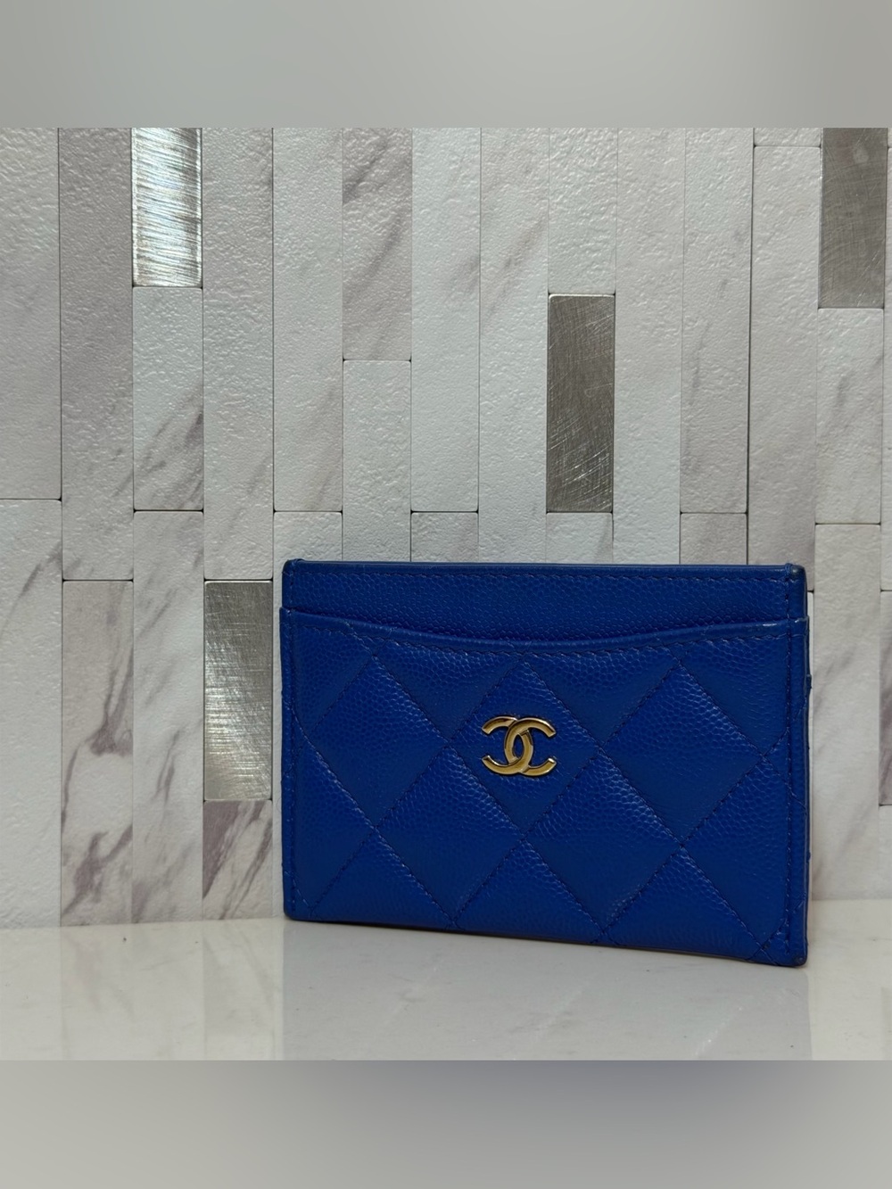 💙*RARE* CHANEL Caviar Quilted Card Holder Wallet in Cobalt Blue - Picture 3 of 15
